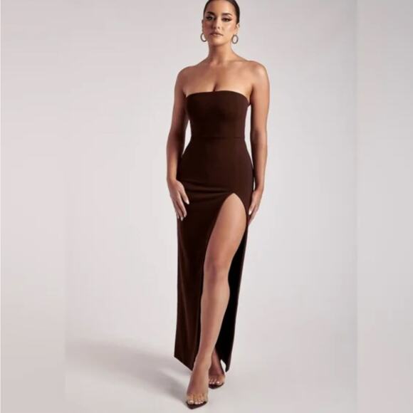 Meshki Chocolate Brown Rachel Maxi Split Front Strapless Dress - Picture 1 of 5